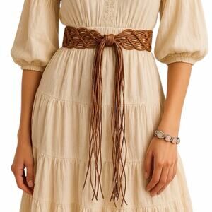 Boho Western Brown Cognac Braided Macramé Fringe Belt Women’s Size Small Medium